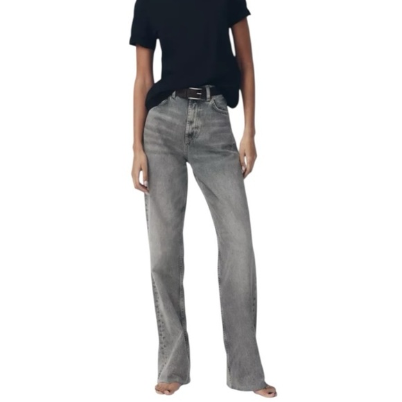 Zara Faded Black Wide Leg High Waist 100% Cotton Denim Jeans size 2 - Picture 2 of 9